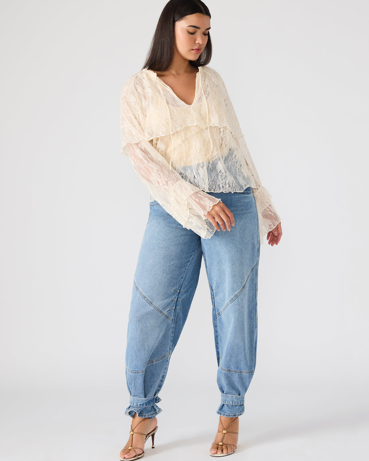 SAYLOR Cream Long-Sleeved Ruffle Mesh Lace Women's Top Steve Madden CREAM
