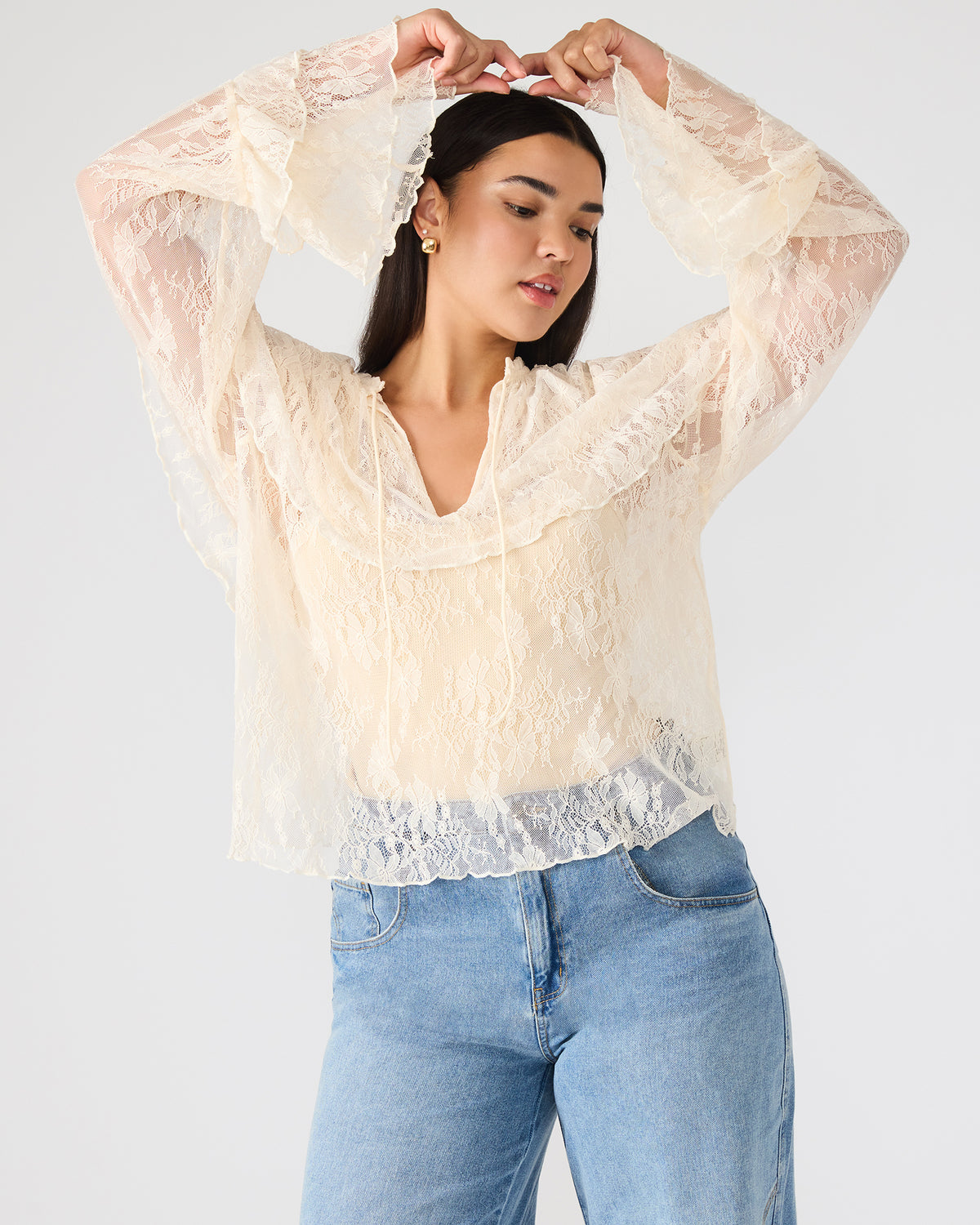 SAYLOR Cream Long-Sleeved Ruffle Mesh Lace Women's Top Steve Madden CREAM