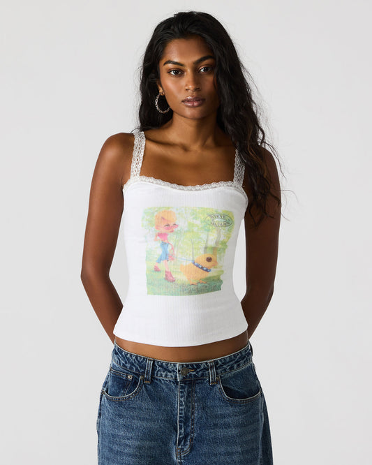 LOVE GOLDIE Antique Lace Trim Sleeveless Graphic Women's Tank Top Steve Madden ANTIQUE