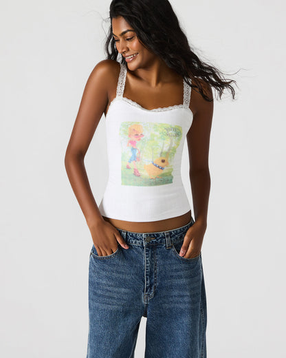 LOVE GOLDIE Antique Lace Trim Sleeveless Graphic Women's Tank Top Steve Madden ANTIQUE