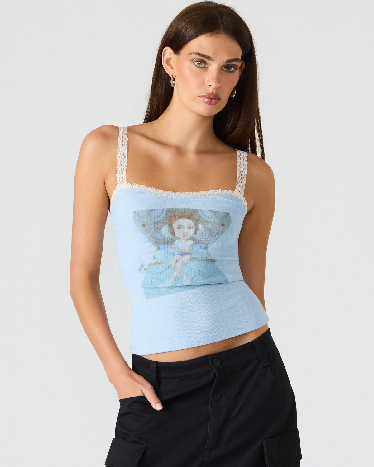 LOVE GOLDIE Surf Blue Lace Trim Sleeveless Graphic Women's Tank Top Steve Madden SURF BLUE