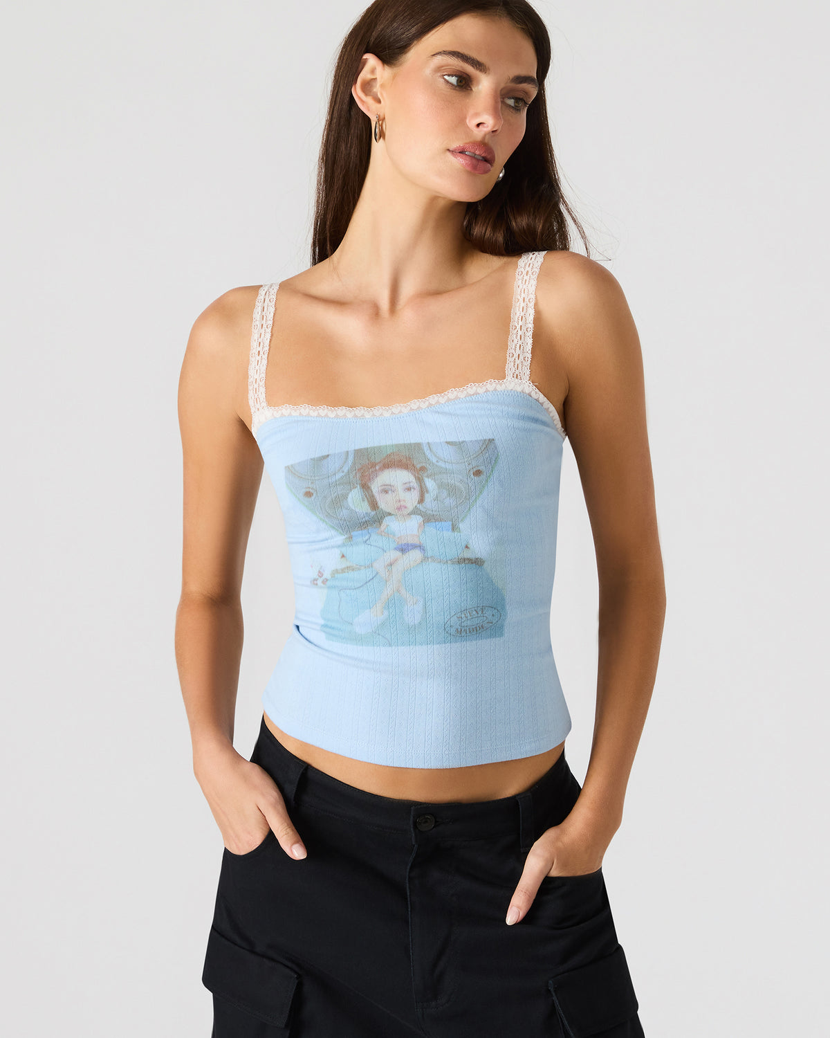 LOVE GOLDIE Surf Blue Lace Trim Sleeveless Graphic Women's Tank Top Steve Madden SURF BLUE