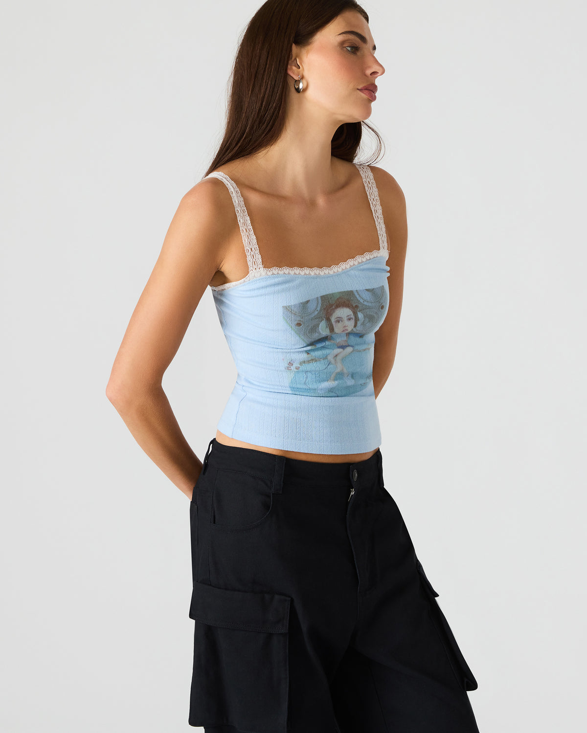 LOVE GOLDIE Surf Blue Lace Trim Sleeveless Graphic Women's Tank Top Steve Madden SURF BLUE