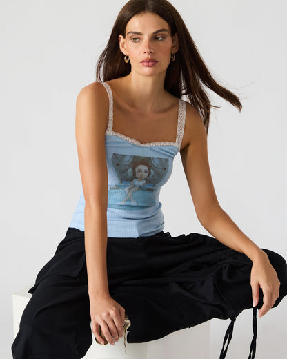 LOVE GOLDIE Surf Blue Lace Trim Sleeveless Graphic Women's Tank Top Steve Madden SURF BLUE