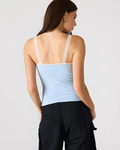 LOVE GOLDIE Surf Blue Lace Trim Sleeveless Graphic Women's Tank Top Steve Madden SURF BLUE