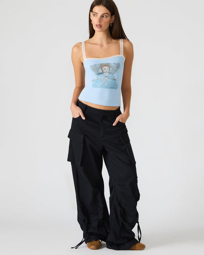 LOVE GOLDIE Surf Blue Lace Trim Sleeveless Graphic Women's Tank Top Steve Madden SURF BLUE