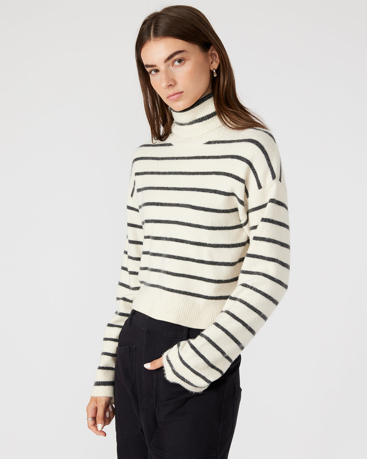 NARSHA Black/White Women's Turtleneck Stripe Sweater Steve Madden IVORY