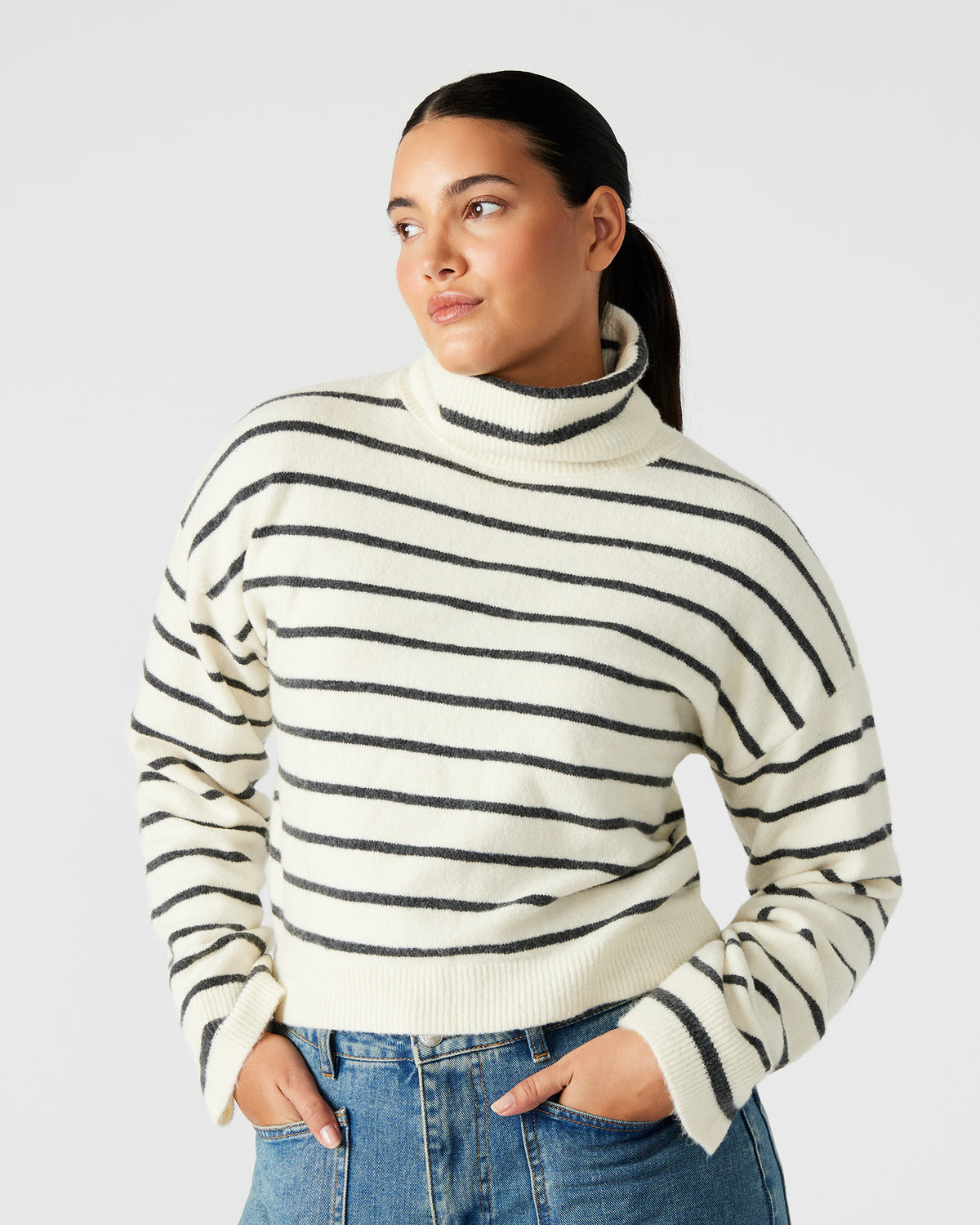 NARSHA Black/White Women's Turtleneck Stripe Sweater Steve Madden IVORY