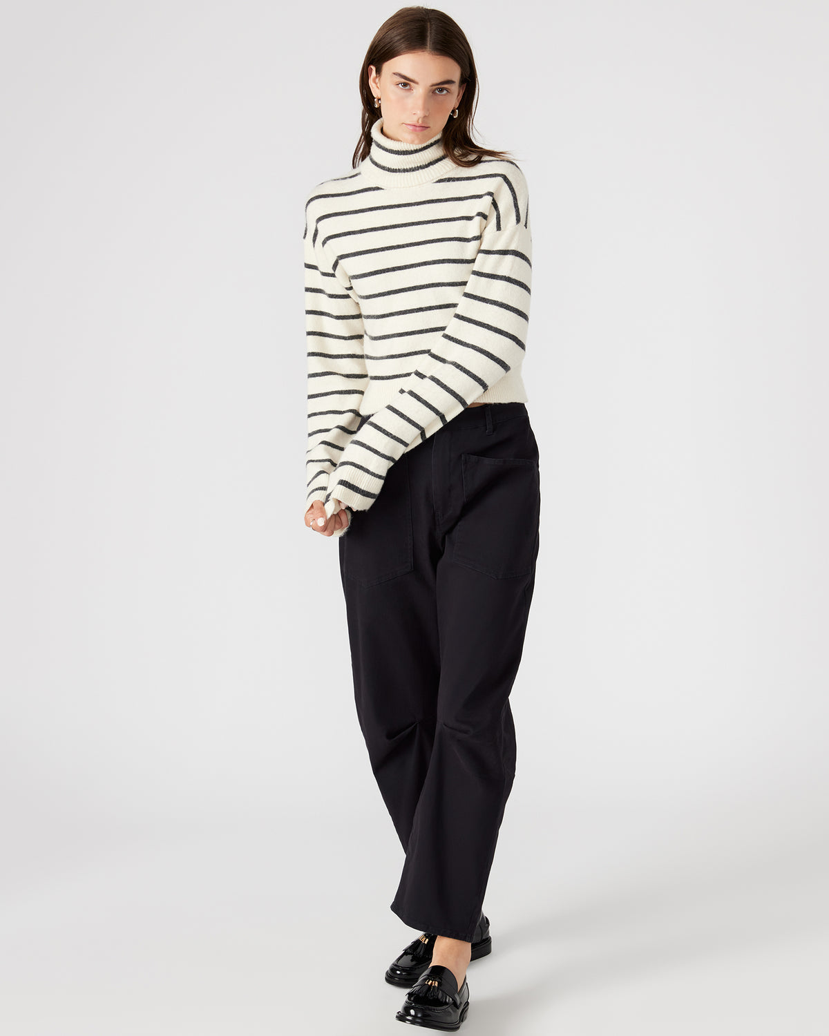 NARSHA Black/White Women's Turtleneck Stripe Sweater Steve Madden IVORY