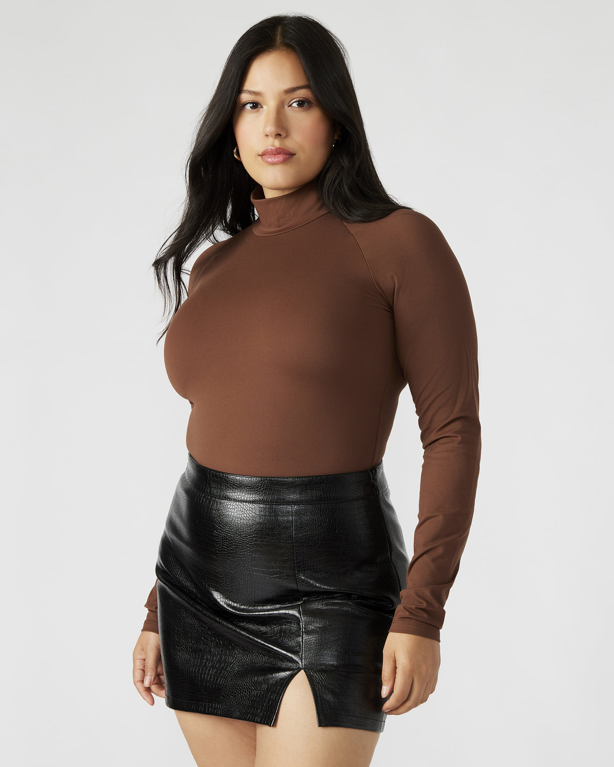 NELLE Bodysuit Brown | Women's Mock Neck Stretch Bodysuit Steve Madden BROWN
