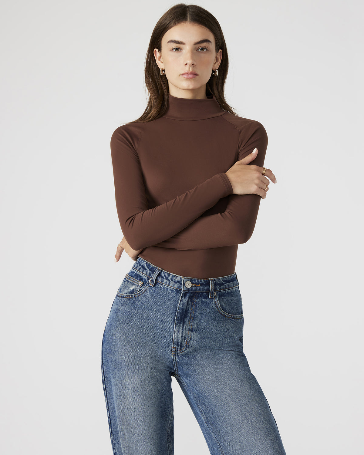 NELLE Bodysuit Brown | Women's Mock Neck Stretch Bodysuit Steve Madden BROWN