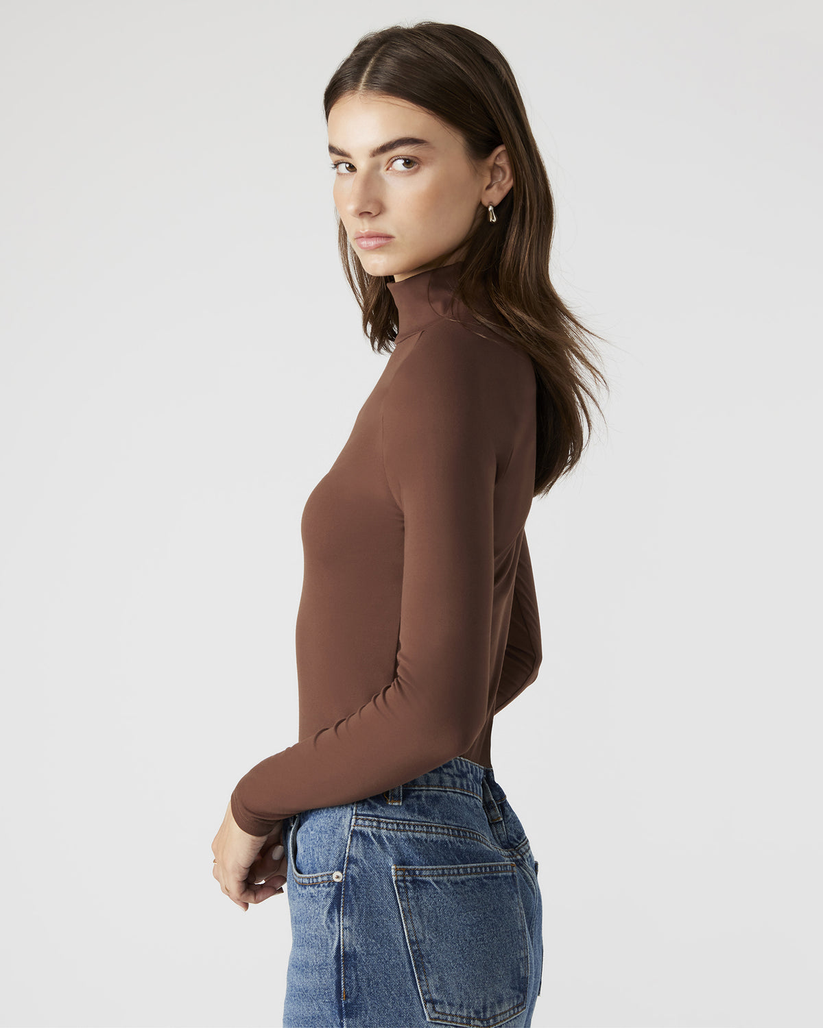 NELLE Bodysuit Brown | Women's Mock Neck Stretch Bodysuit Steve Madden BROWN