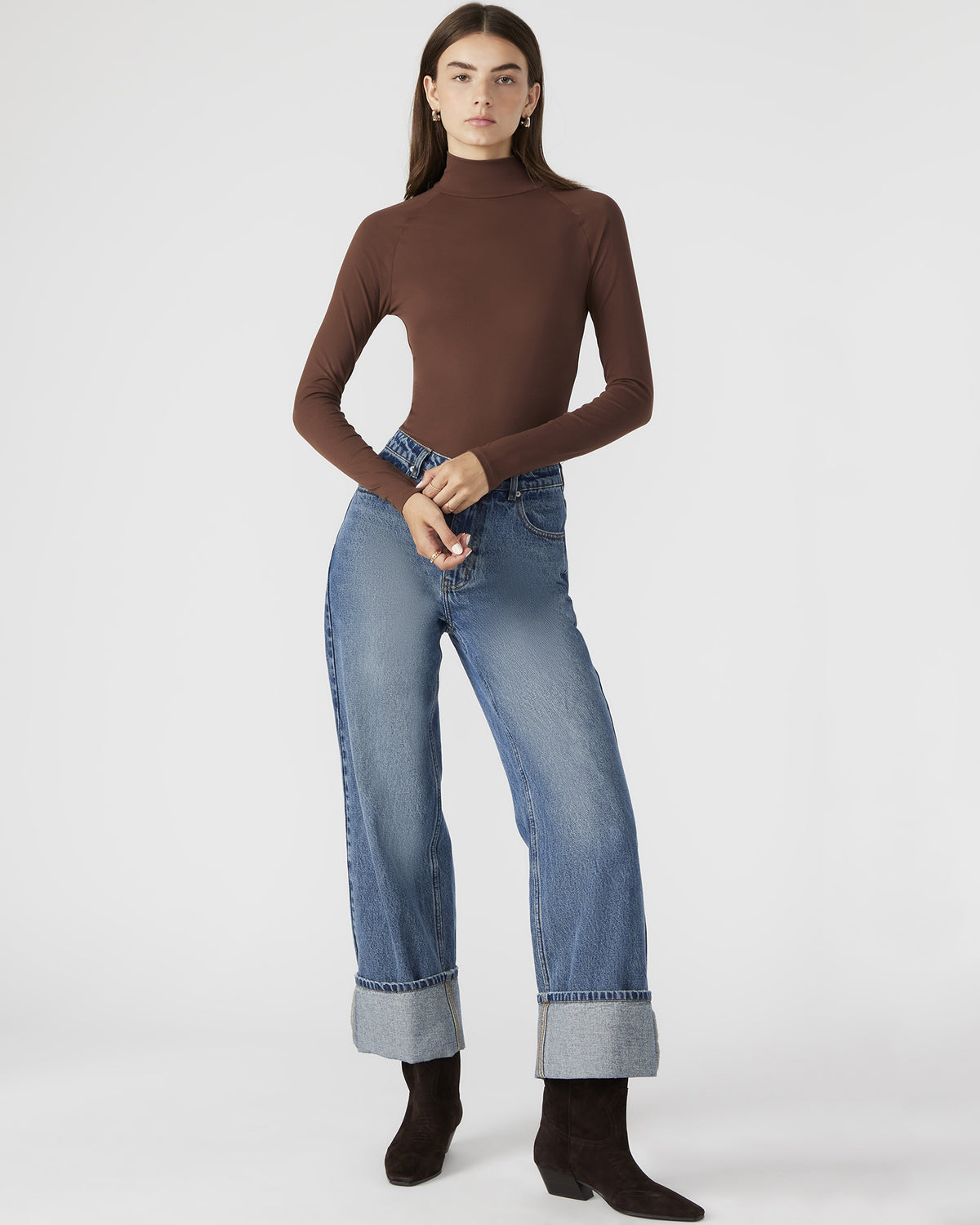 NELLE Bodysuit Brown | Women's Mock Neck Stretch Bodysuit Steve Madden BROWN