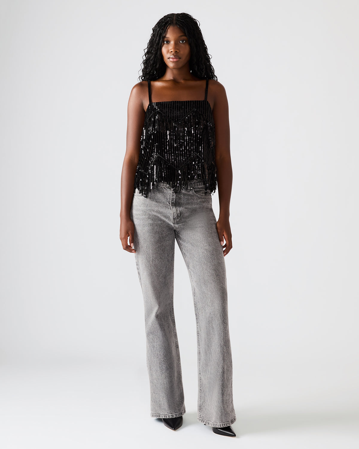 BLAKELYN Sequin Black Fringe Embellished Women's Top Steve Madden BLACK