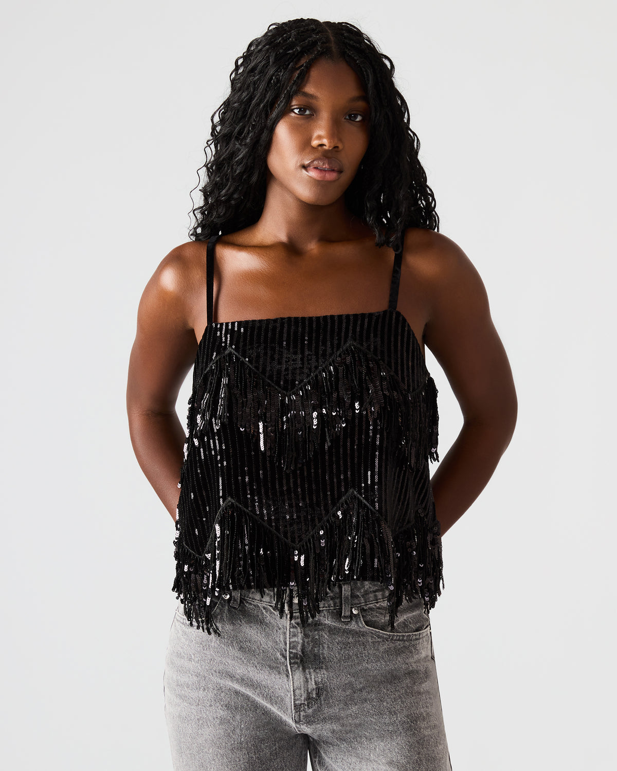 BLAKELYN Sequin Black Fringe Embellished Women's Top Steve Madden BLACK