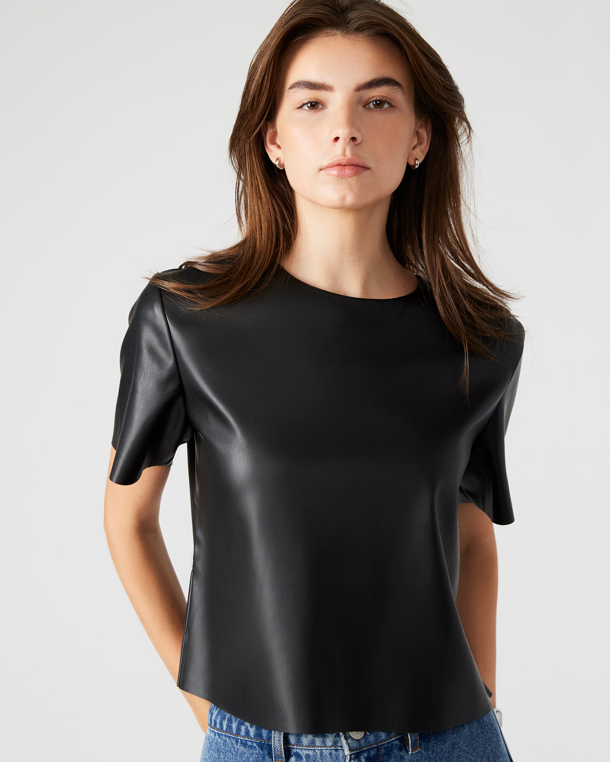 EZRA Black Women's Short Sleeve Faux Leather Top Steve Madden BLACK