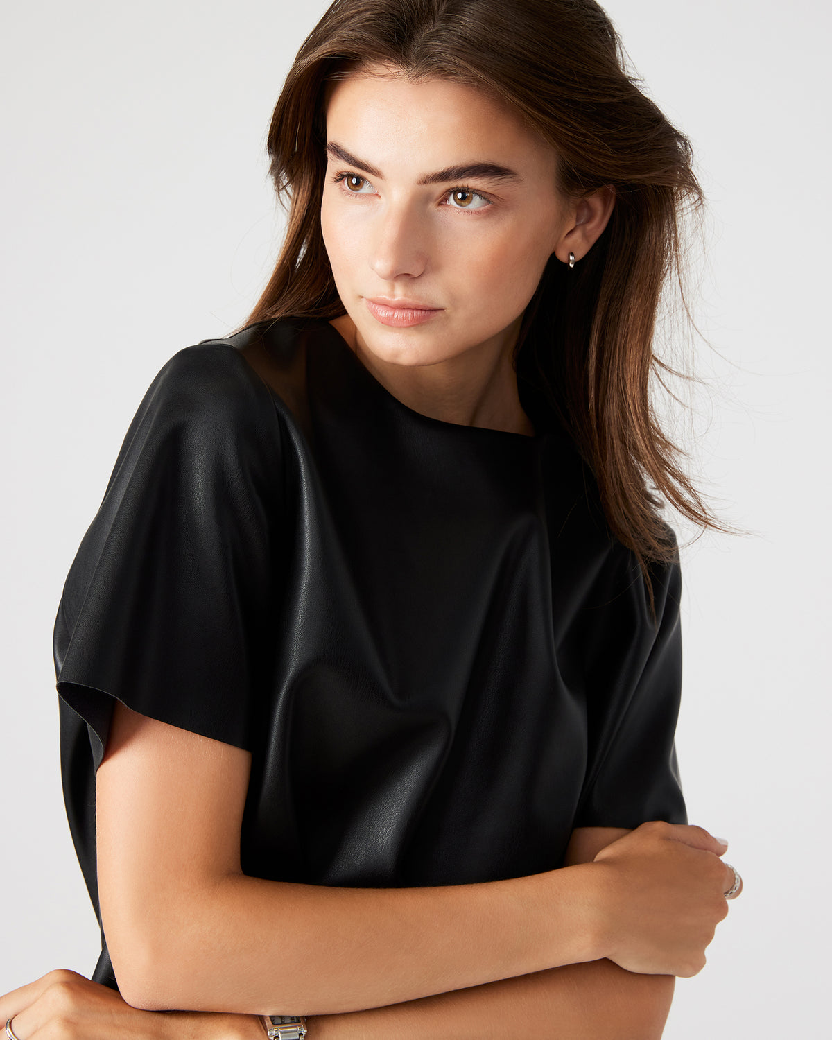 EZRA Black Women's Short Sleeve Faux Leather Top Steve Madden BLACK
