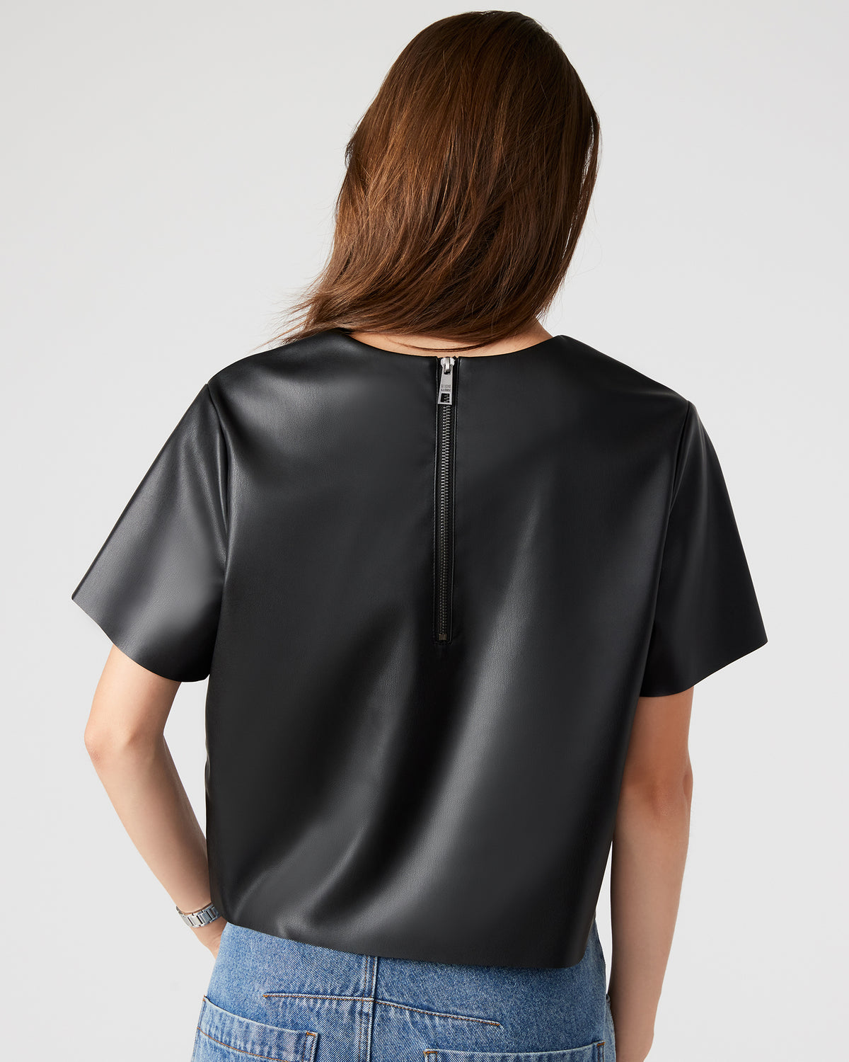 EZRA Black Women's Short Sleeve Faux Leather Top Steve Madden BLACK