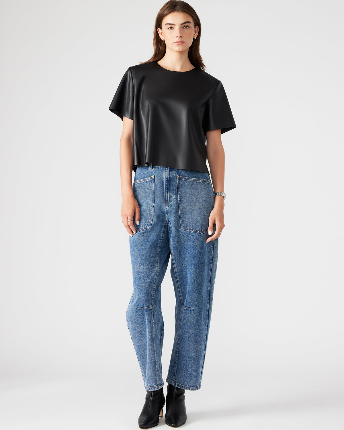 EZRA Black Women's Short Sleeve Faux Leather Top Steve Madden BLACK