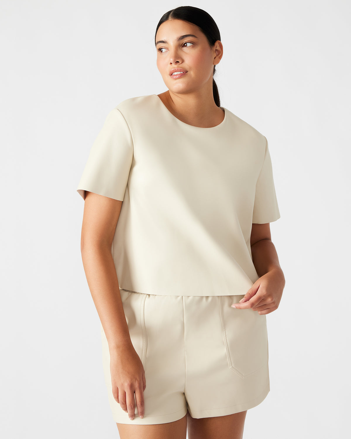 EZRA Bone Women's Short Sleeve Faux Leather Top Steve Madden BONE