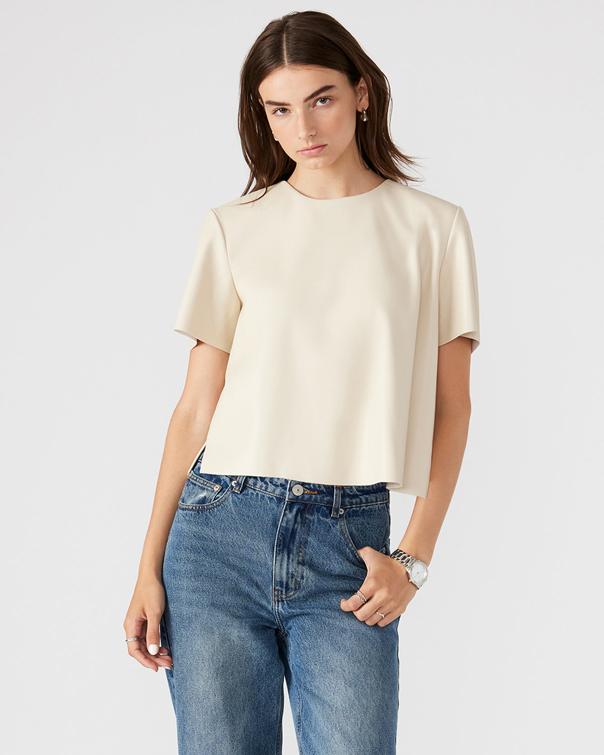 EZRA Bone Women's Short Sleeve Faux Leather Top Steve Madden BONE