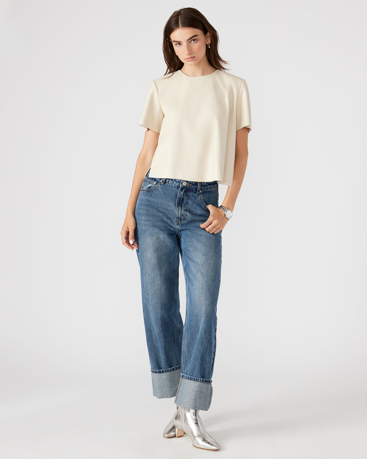 EZRA Bone Women's Short Sleeve Faux Leather Top Steve Madden BONE