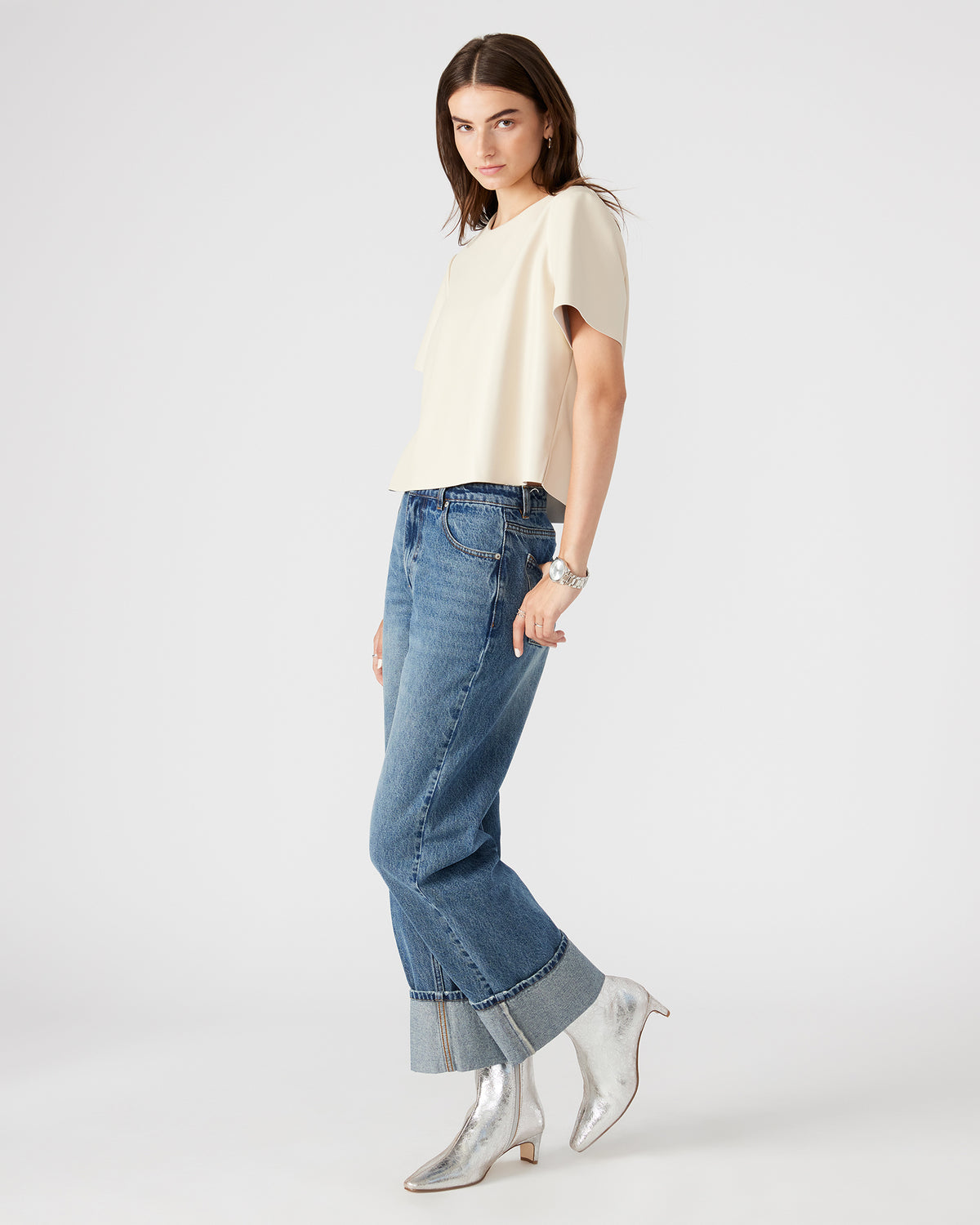 EZRA Bone Women's Short Sleeve Faux Leather Top Steve Madden BONE