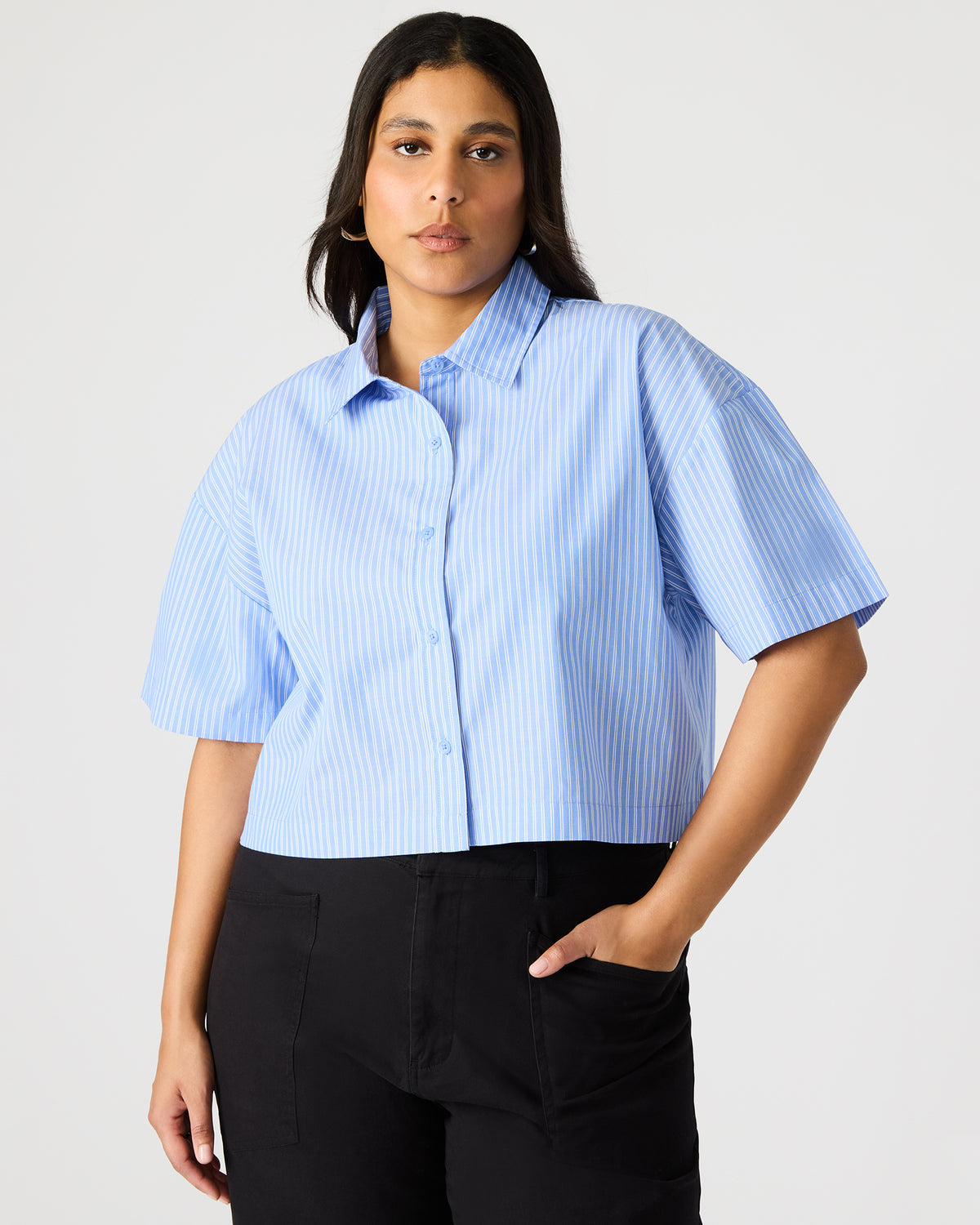 TULA Blue/White Women's Collared Button-Up Pinstripe Top Steve Madden BLUE WHITE