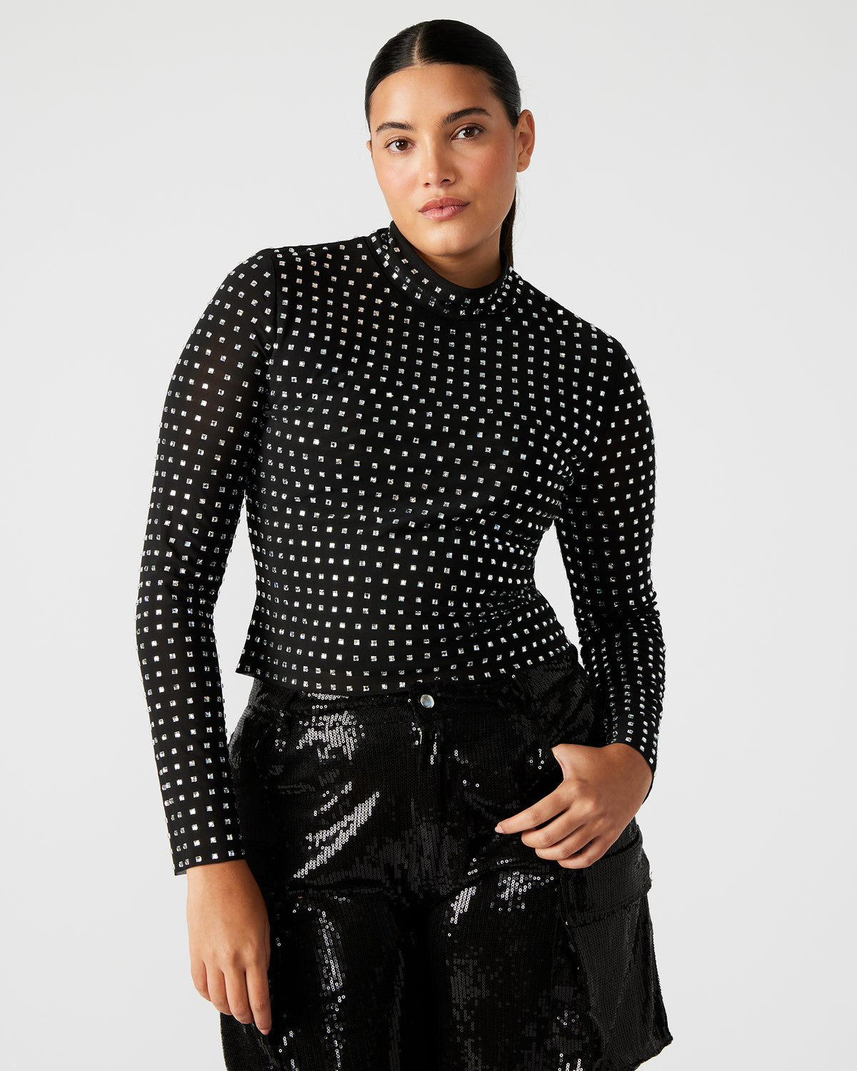 MELVINA Top Black | Women's Long-Sleeved Mesh Fabric Embellished Top Steve Madden BLACK