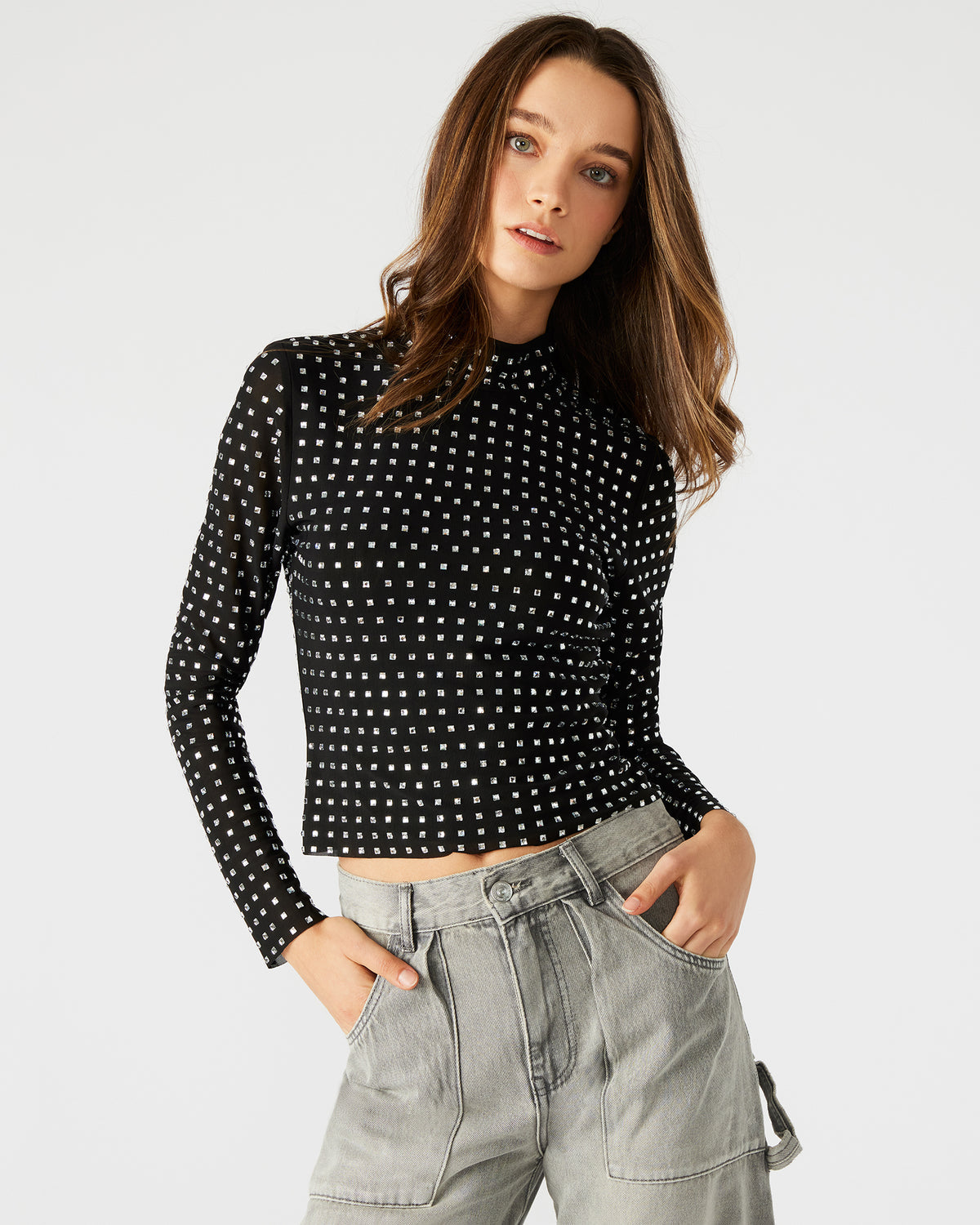 MELVINA Top Black | Women's Long-Sleeved Mesh Fabric Embellished Top Steve Madden BLACK