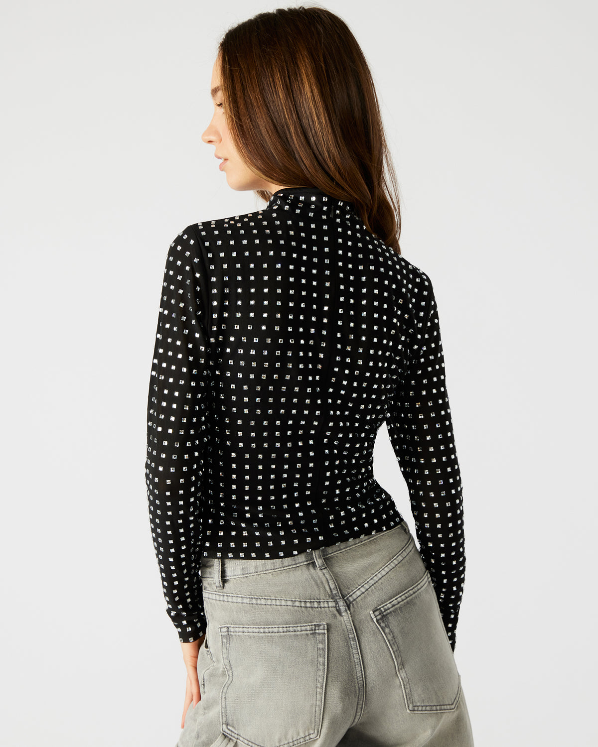 MELVINA Top Black | Women's Long-Sleeved Mesh Fabric Embellished Top Steve Madden BLACK