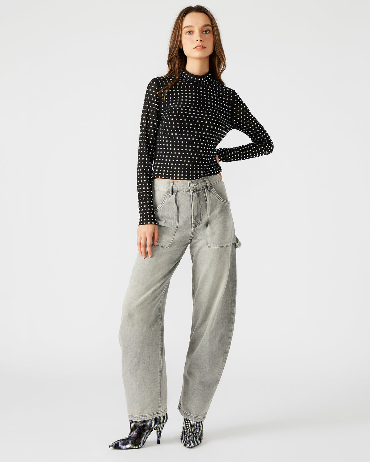 MELVINA Top Black | Women's Long-Sleeved Mesh Fabric Embellished Top Steve Madden BLACK