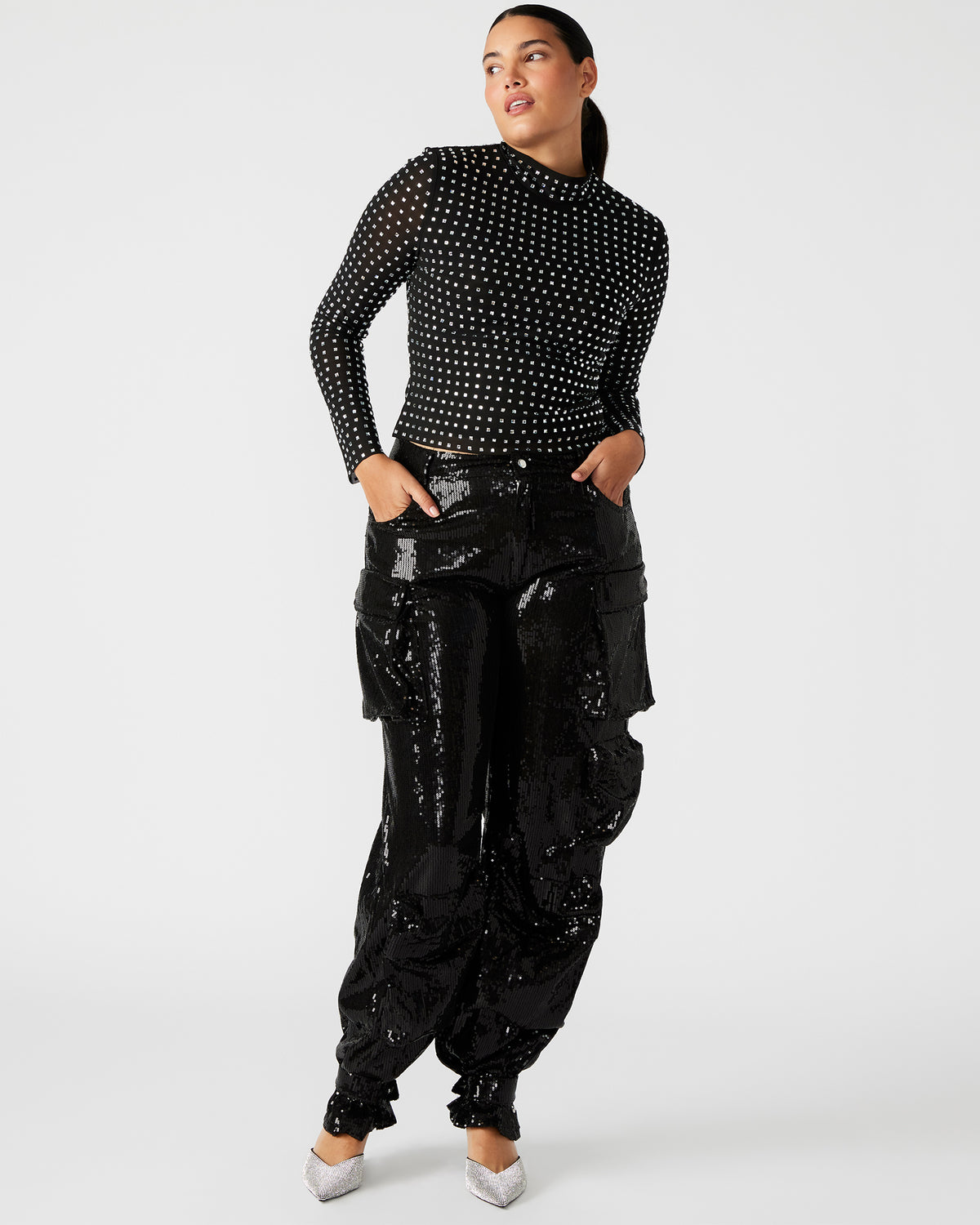 MELVINA Top Black | Women's Long-Sleeved Mesh Fabric Embellished Top Steve Madden BLACK