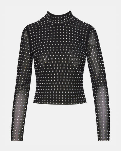 MELVINA Top Black | Women's Long-Sleeved Mesh Fabric Embellished Top Steve Madden BLACK