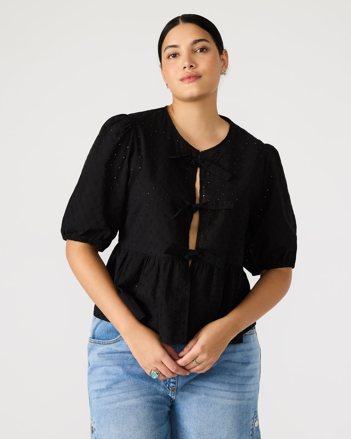 PAULA Top Black Short-Sleeved Tie-Front Eyelet Top Steve Madden BLACK