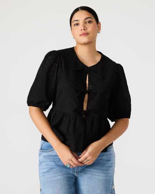 PAULA Top Black Short-Sleeved Tie-Front Eyelet Top Steve Madden BLACK
