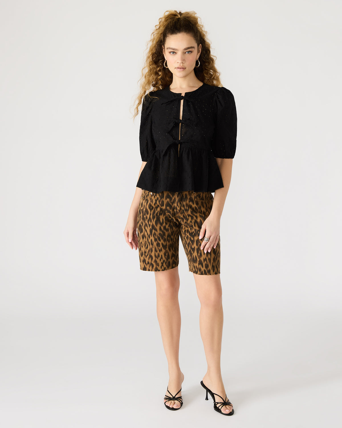 PAULA Top Black Short-Sleeved Tie-Front Eyelet Top Steve Madden BLACK