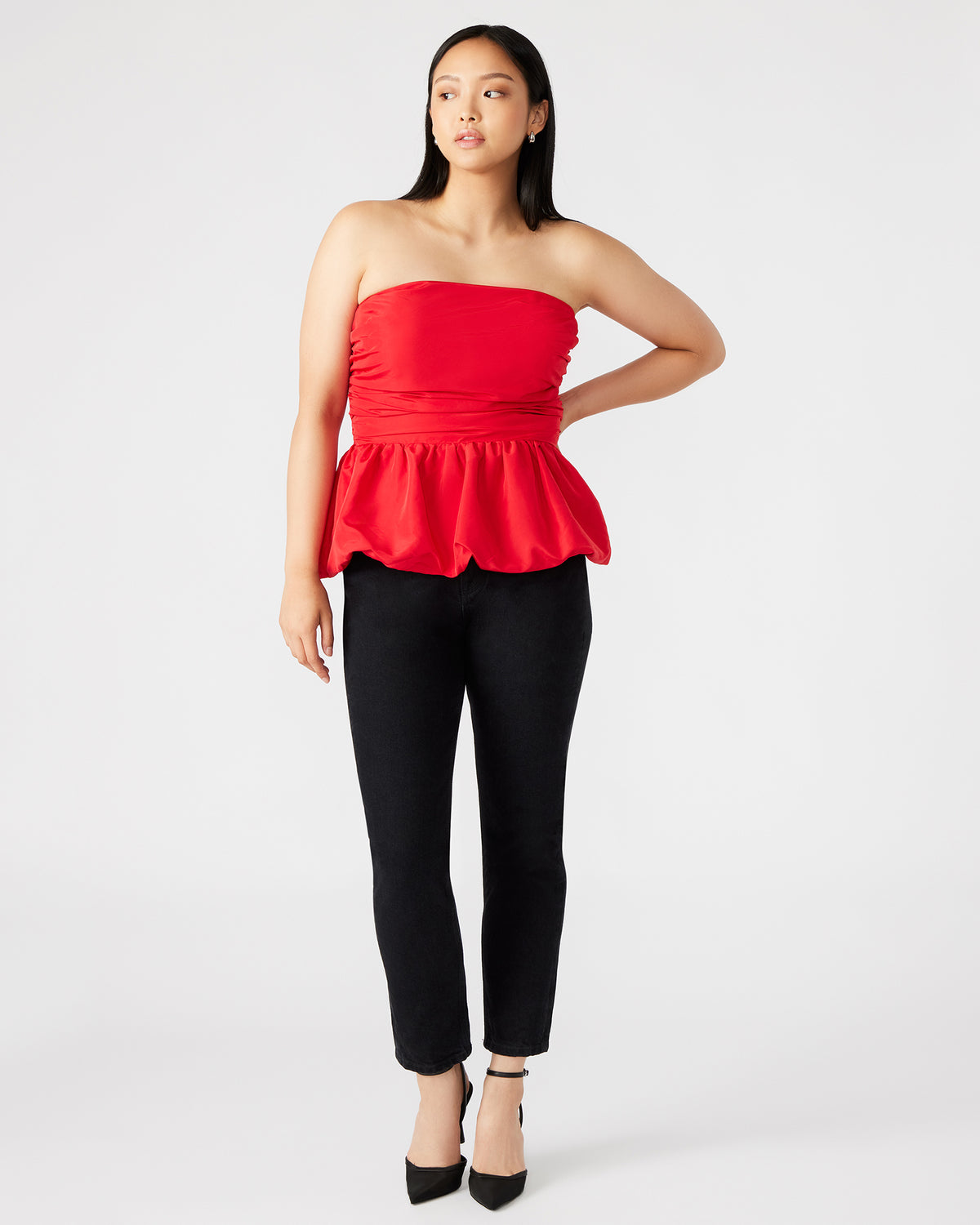 AMARI Top Red | Women's Bubble-Hem Taffeta Strapless Top Steve Madden RED