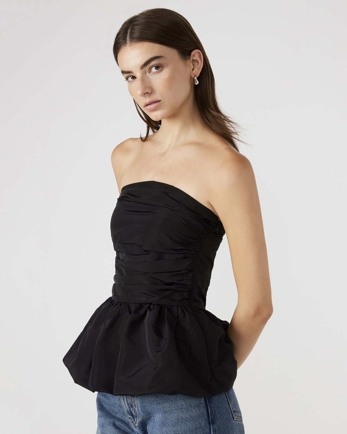 AMARI Top Black | Women's Bubble-Hem Taffeta Strapless Top Steve Madden BLACK