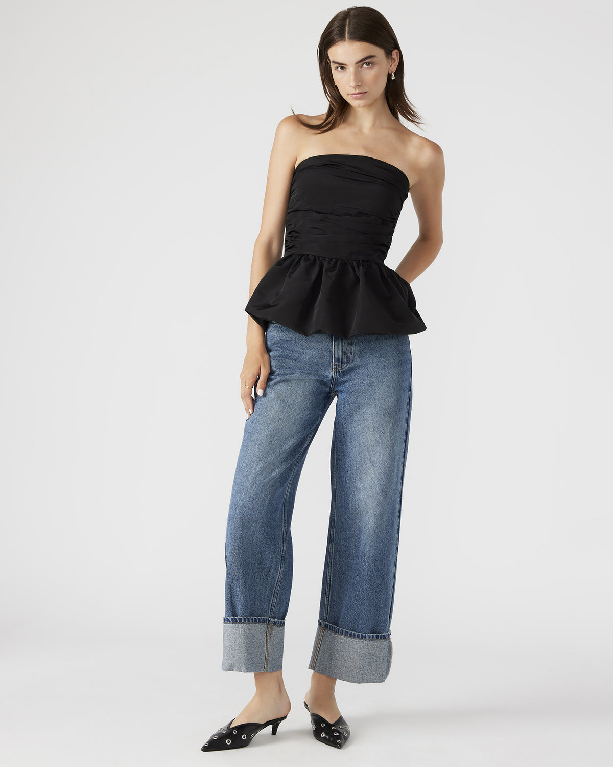AMARI Top Black | Women's Bubble-Hem Taffeta Strapless Top Steve Madden BLACK