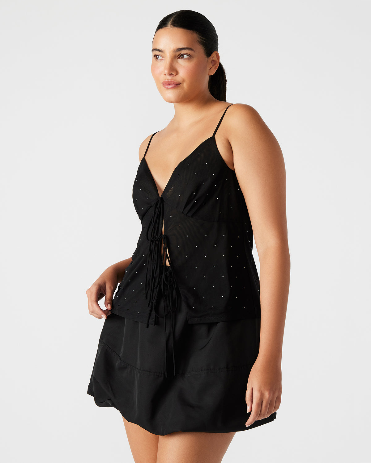 INDY Top Black | Women's Tie Fastening Rhinestone Camisole Tank Top Steve Madden BLACK