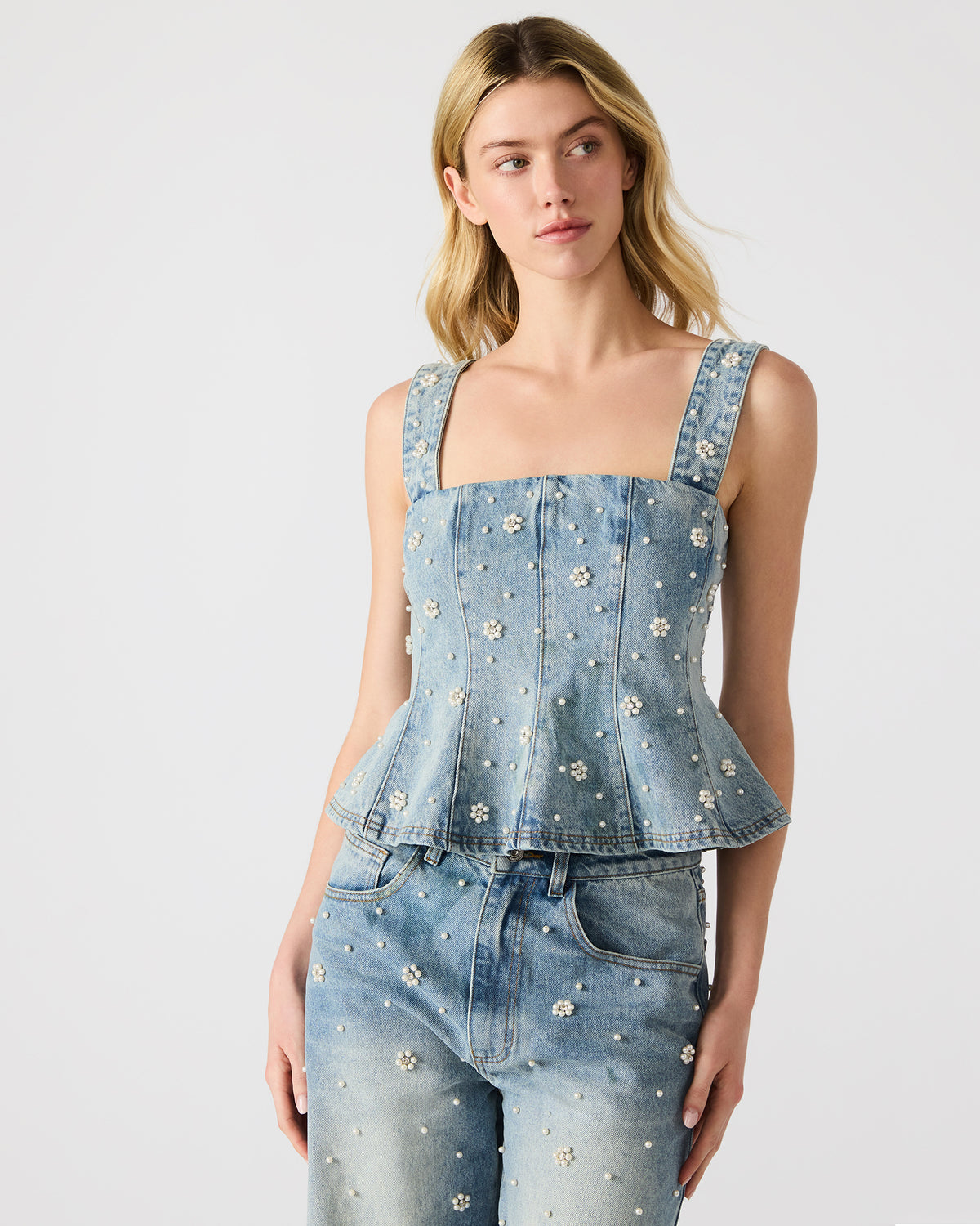PENELOPI Denim Ruffle Fabric Pearl Embellished Women's Tank Top Steve Madden DENIM FABRIC