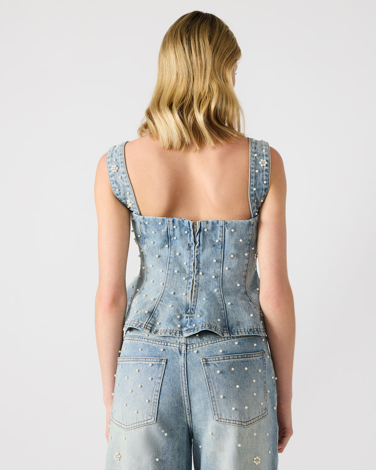 PENELOPI Denim Ruffle Fabric Pearl Embellished Women's Tank Top Steve Madden DENIM FABRIC