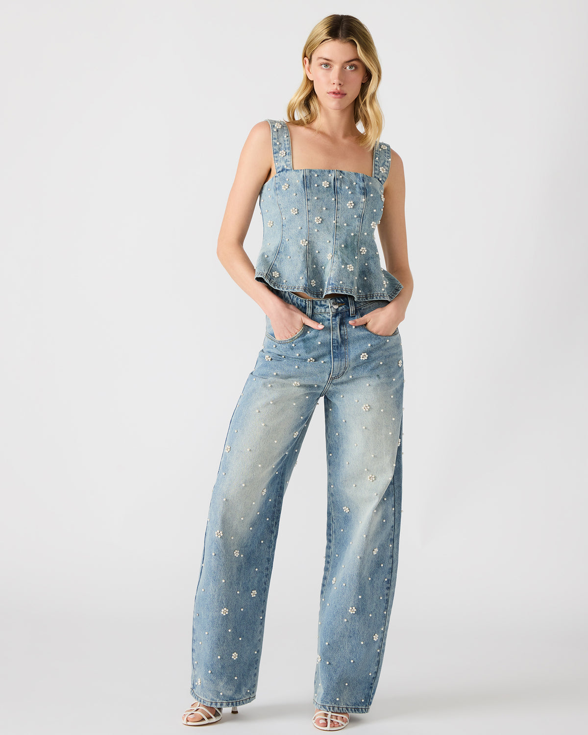 PENELOPI Denim Ruffle Fabric Pearl Embellished Women's Tank Top Steve Madden DENIM FABRIC