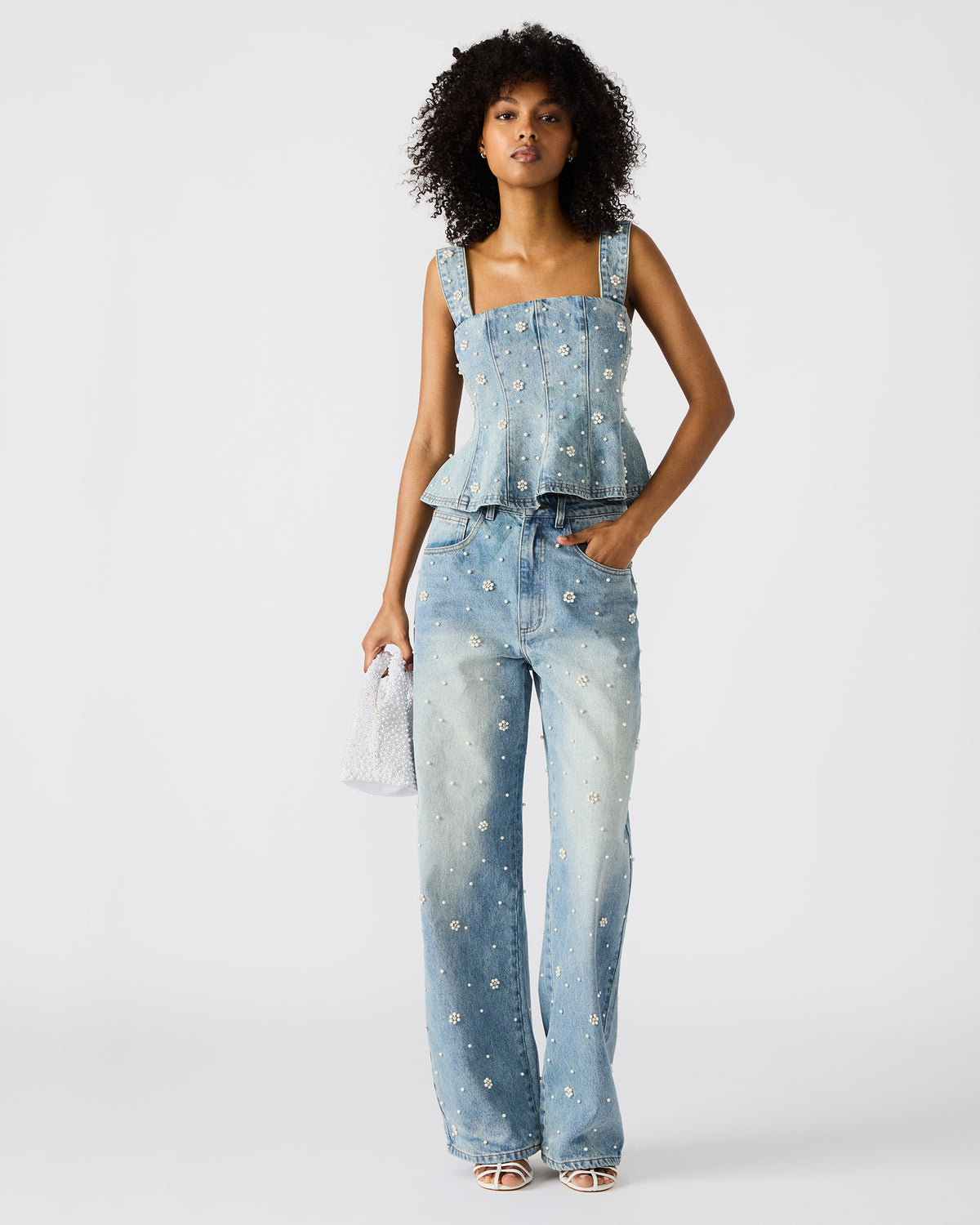 PENELOPI Denim Ruffle Fabric Pearl Embellished Women's Tank Top Steve Madden DENIM FABRIC