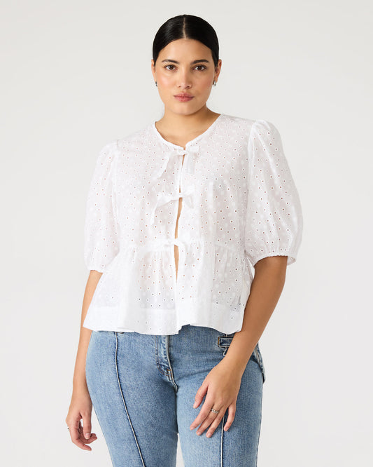 PAULA Top White Short-Sleeved Tie-Front Eyelet Top Steve Madden WHITE