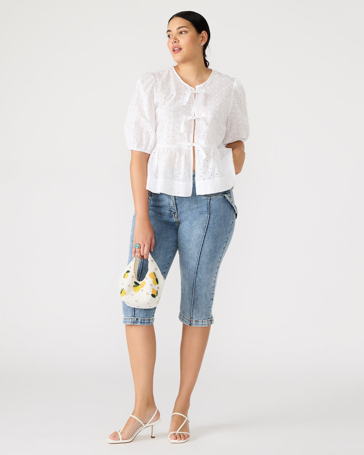 PAULA Top White Short-Sleeved Tie-Front Eyelet Top Steve Madden WHITE