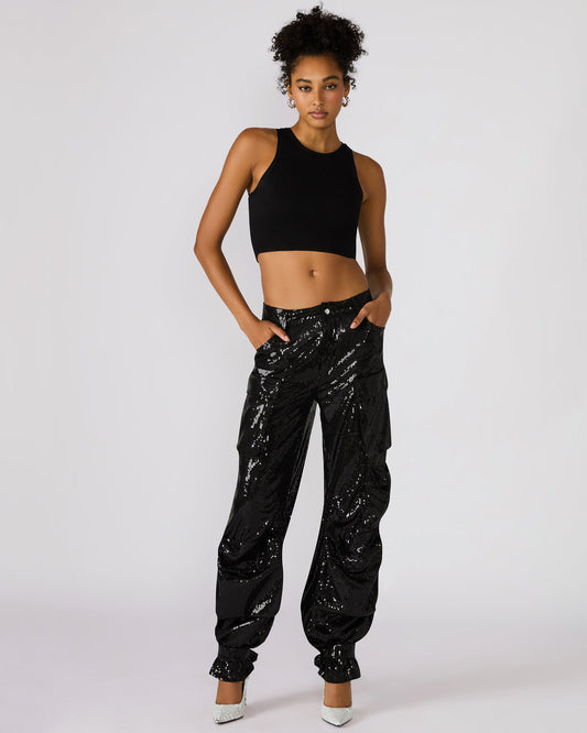 DUO Black Sequin Women's Utility Cargo Pants Steve Madden BLACK