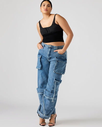 DUO Medium Denim Women's Utility Cargo Pants Steve Madden DENIM MULTI