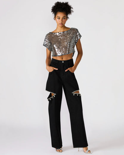 AYLA Black Straight-Leg Rhinestone Embellished Slit Women's Jean Steve Madden BLACK
